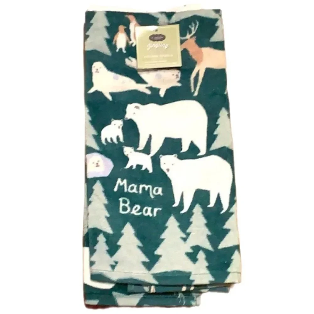 NWT Mama Bear Kitchen Towels Set of 2 Green White Rustic Cabin Decor
